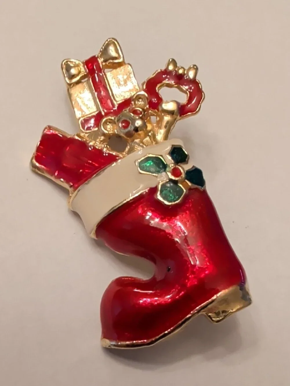 Red Holiday Stocking Brooch with Gold Accents